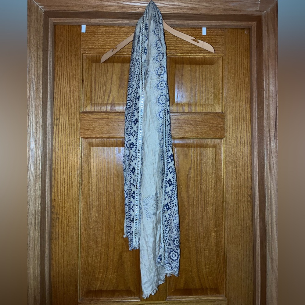 Soft Surroundings Blue and Cream Embellished Scarf